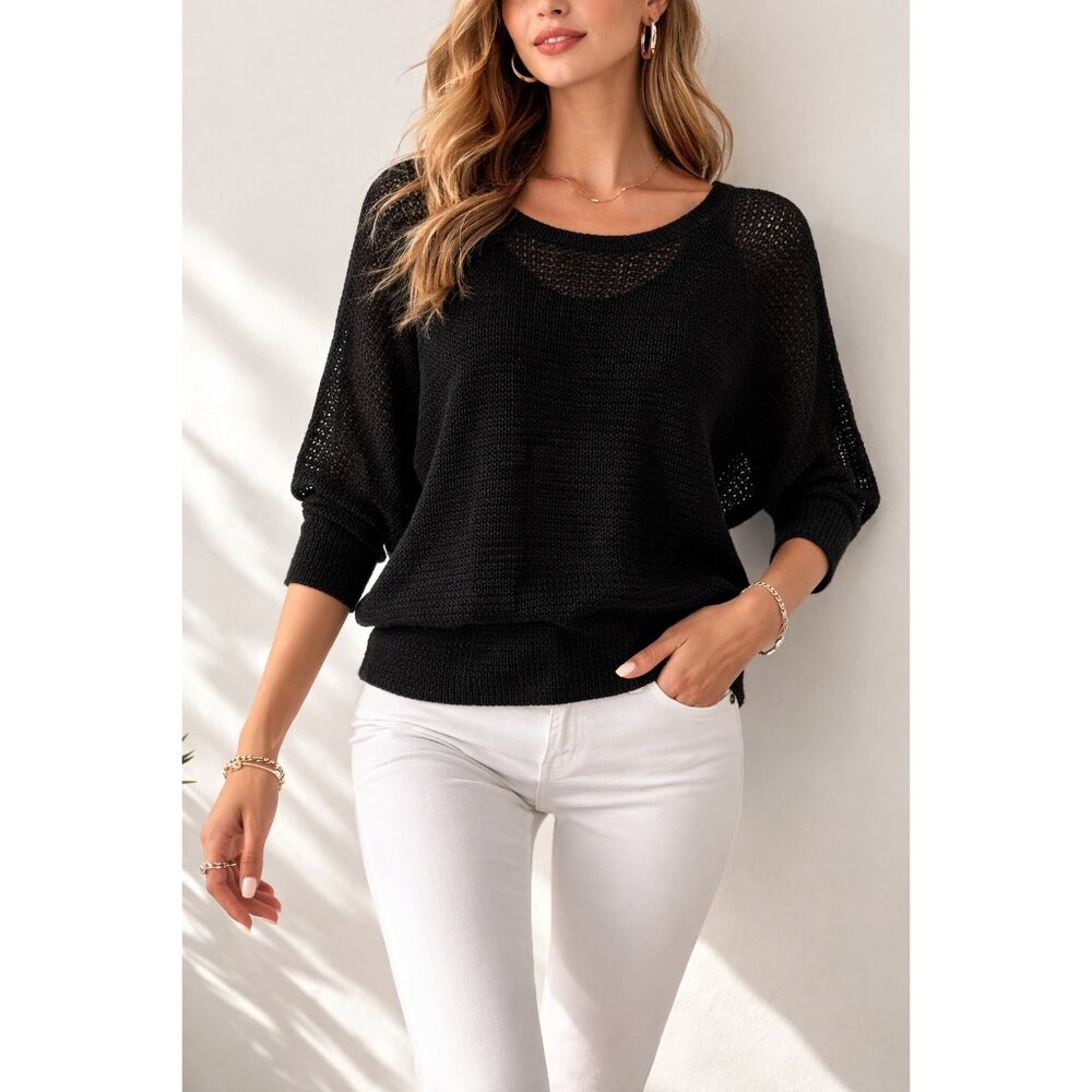 Chico’s Black Open Knit Sweater Top 3/4 Sleeve Lightweight Women’s Size 1